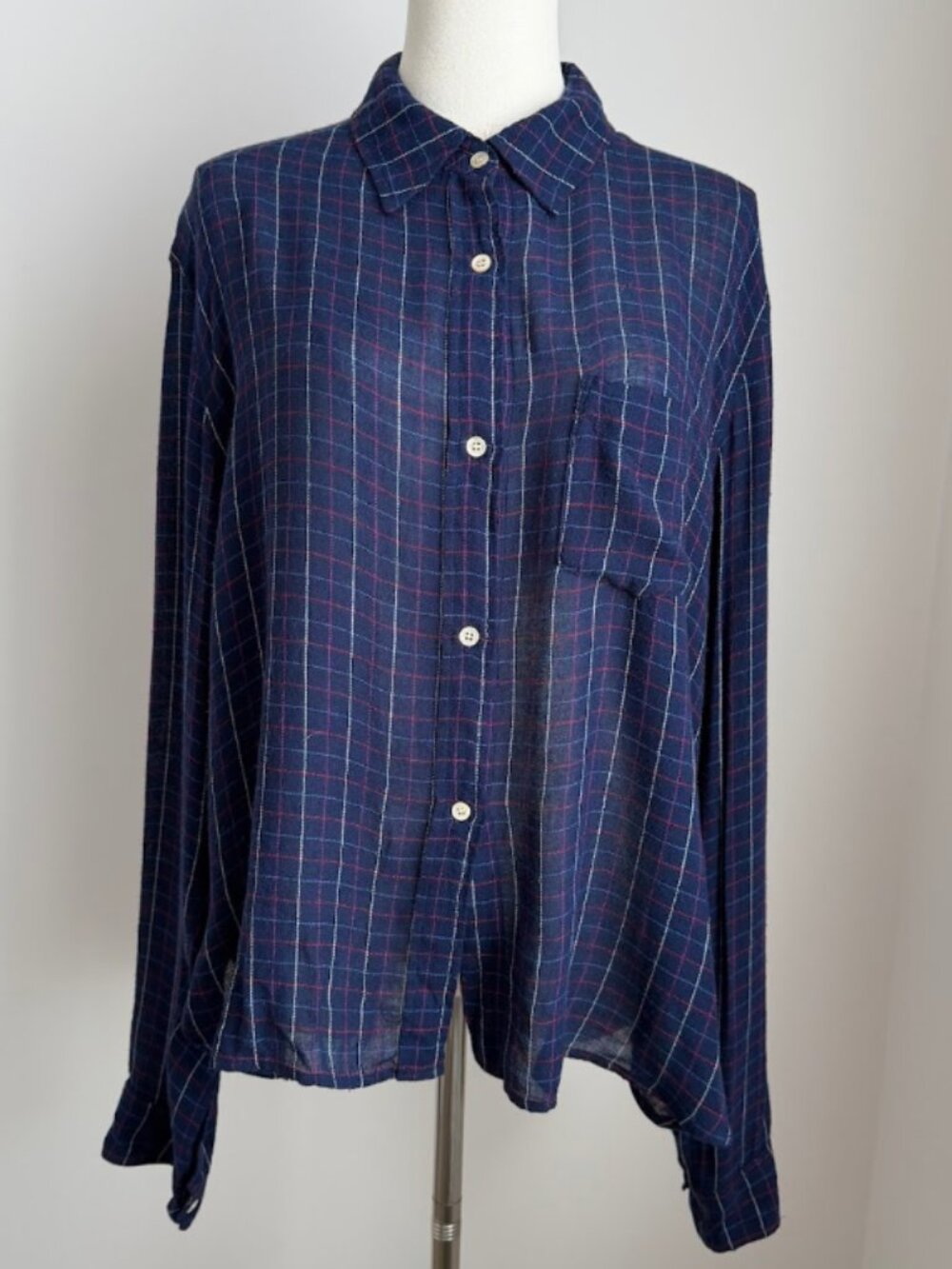 Isabel Marant Etoile Virgin Wool Blend Blue Check Plaid Button-Up Top Size 42 L-